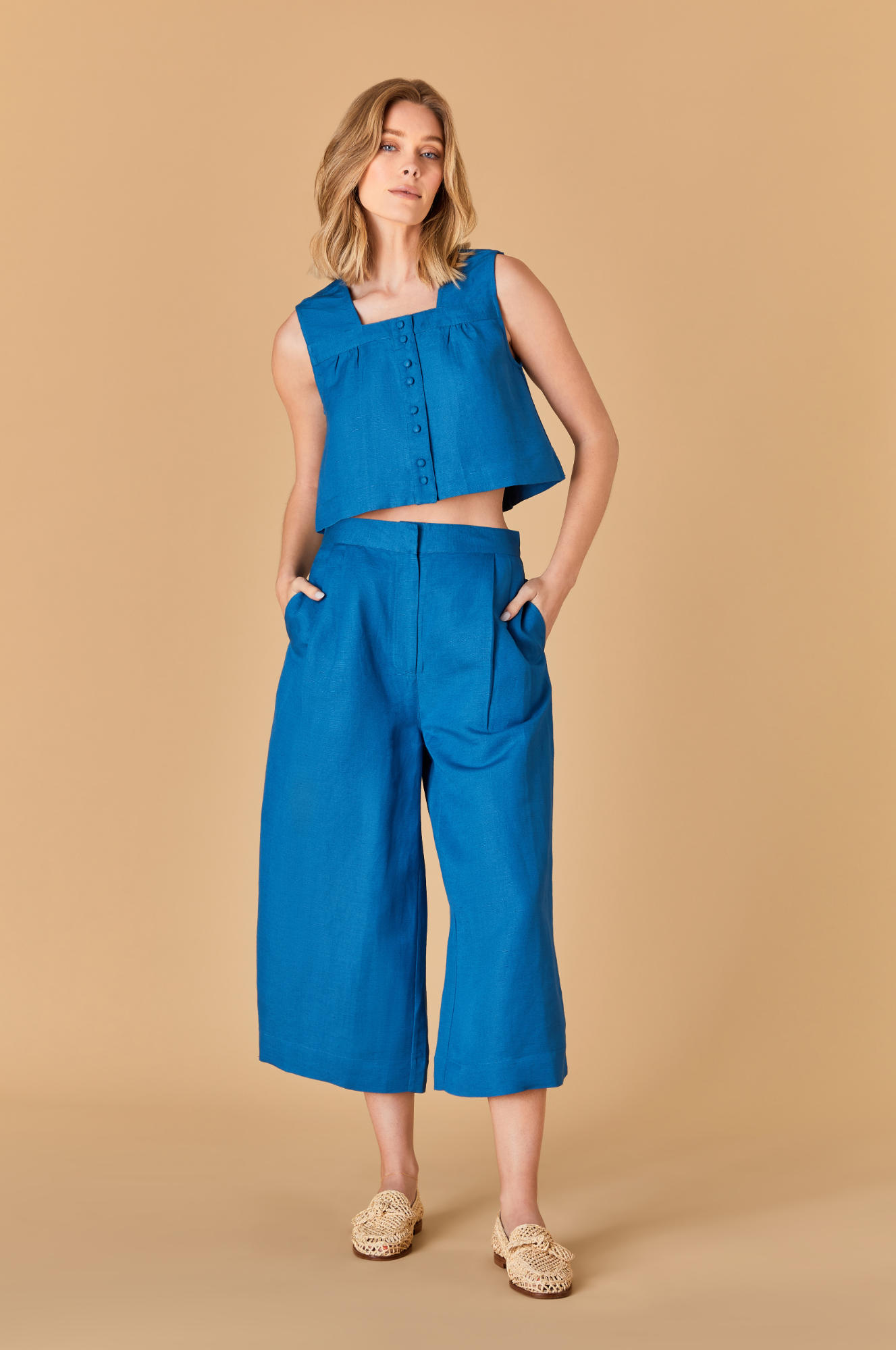 Teal Linen Wide Leg Cropped Pants