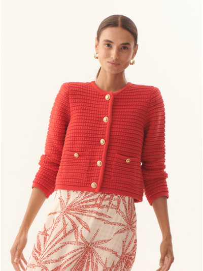 Red Knit Cardigan with Gold Buttons