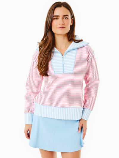 Alley Quarter Zip in Guava and Baby Blue Stripe