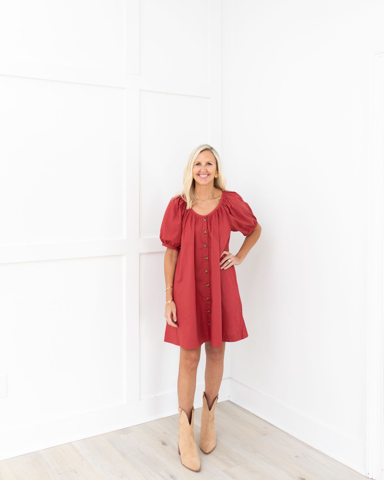 Rust Button Front Day Dress