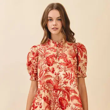 Brick Floral Print Ruffled Neckline Dress
