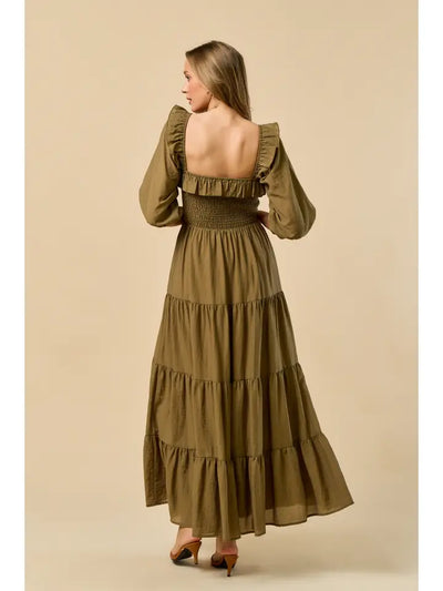 Olive Square Neck Tiered Maxi Dress