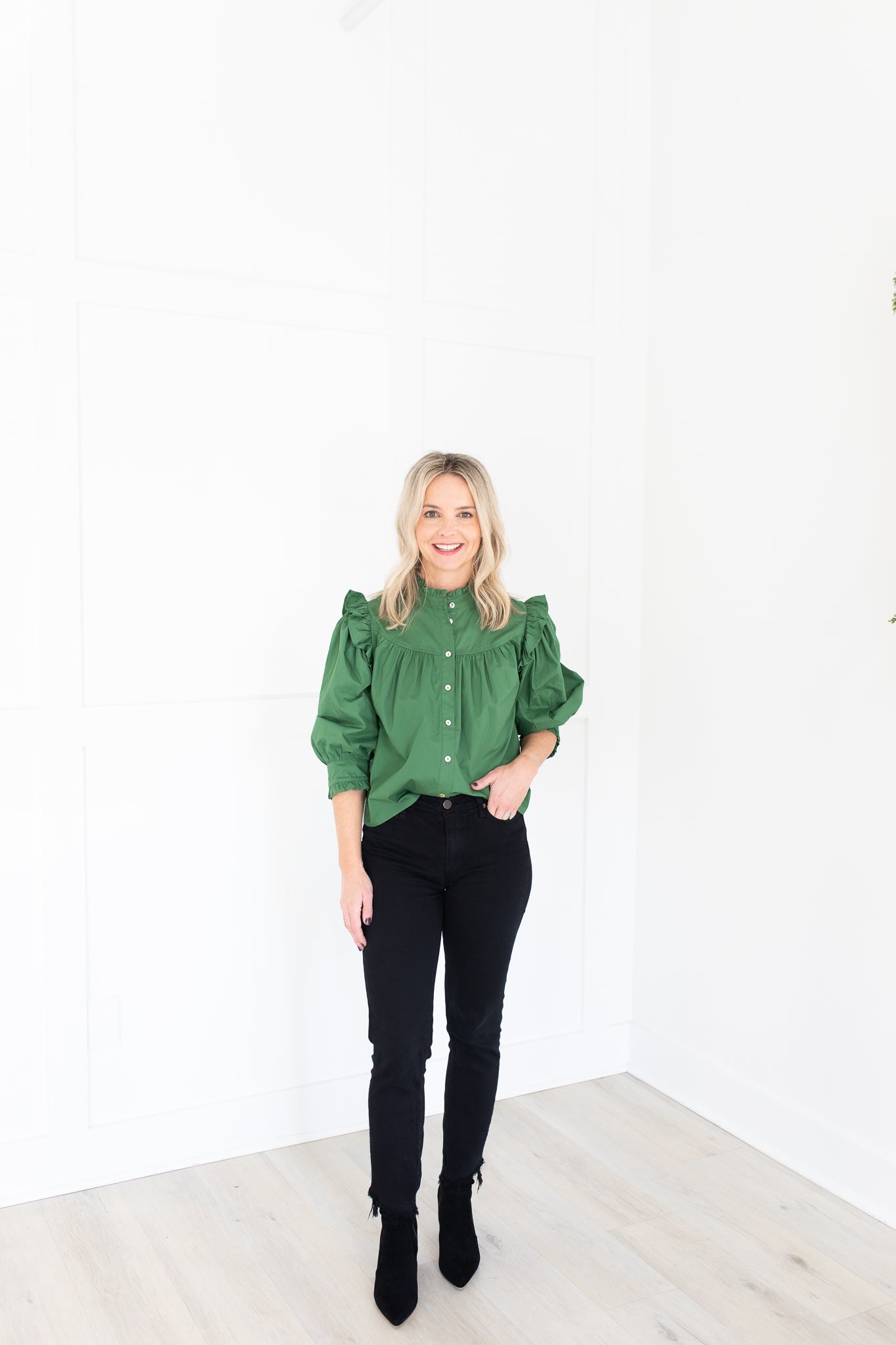 Green Button Down Ruffle Front Blouse