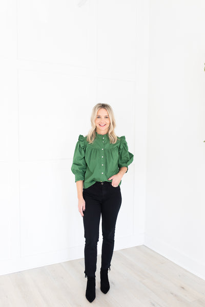 Green Button Down Ruffle Front Blouse