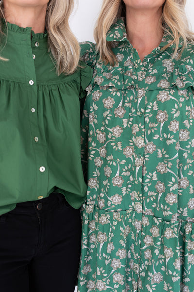 Green with Taupe Florals Collared Dress