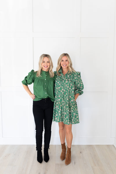 Green with Taupe Florals Collared Dress