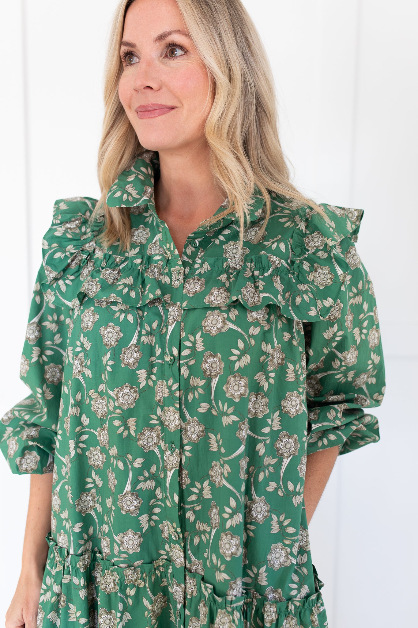 Green with Taupe Florals Collared Dress