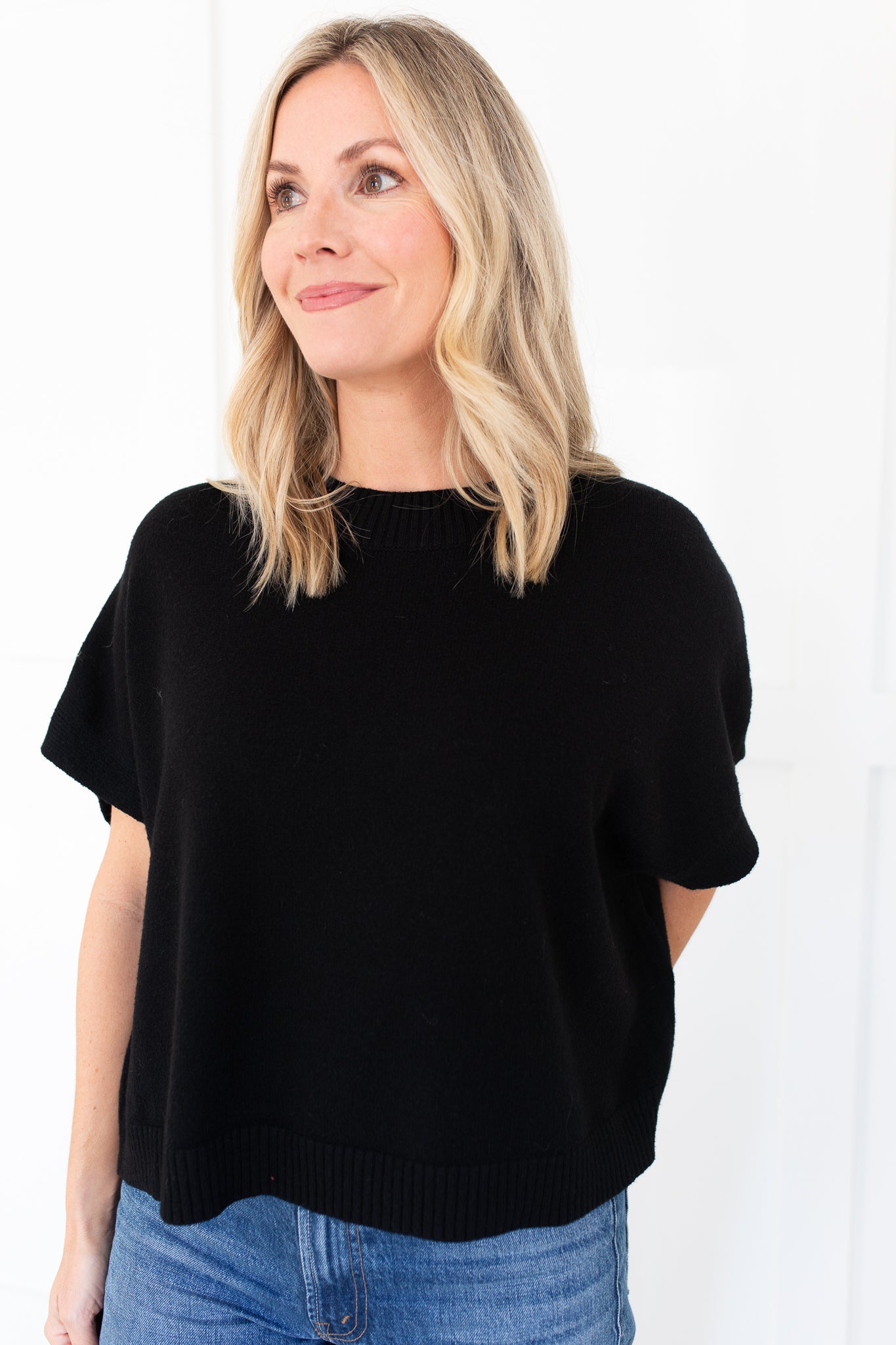 Black Drop Shoulder Short Sleeve Sweater