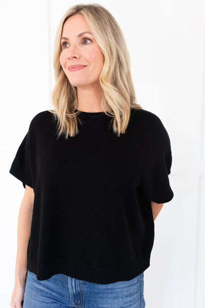Black Drop Shoulder Short Sleeve Sweater