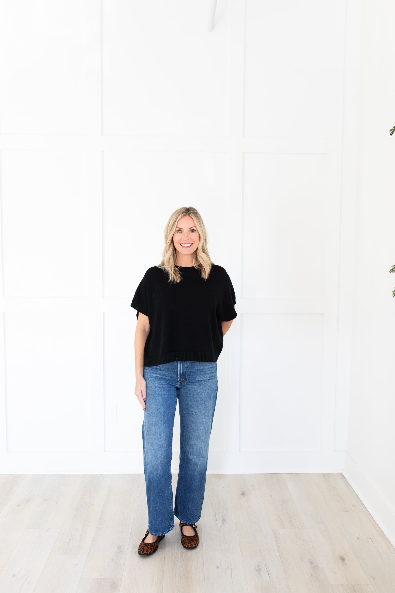 Black Drop Shoulder Short Sleeve Sweater