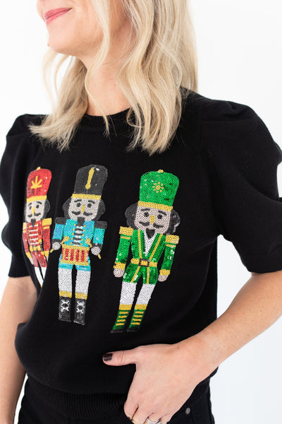 Sequin Nutcrackers on Black Short Sleeve Sweater