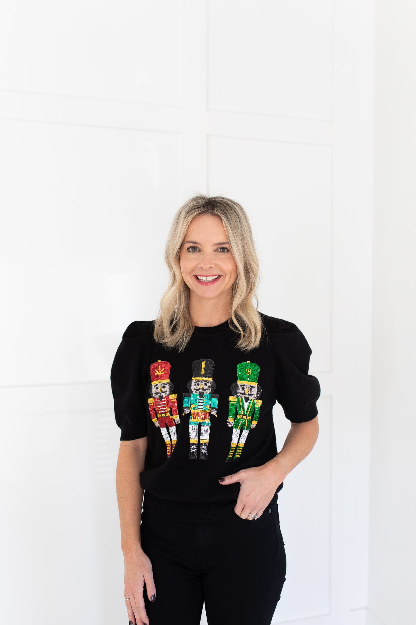 Sequin Nutcrackers on Black Short Sleeve Sweater