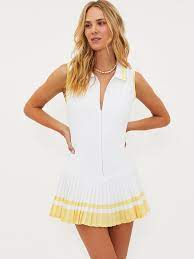 White and Yellow Zip Front Tennis Dress with Pleated Skirt