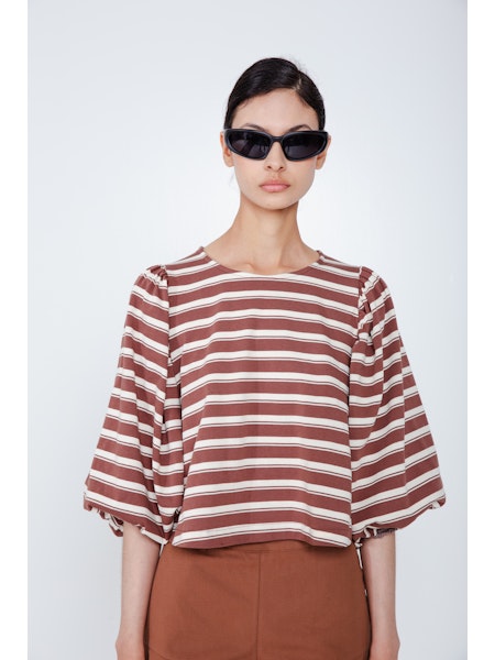 Brown and Cream Striped Balloon Sleeve Top