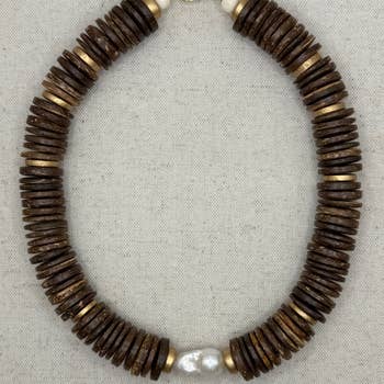 Chocolate Coconut Bead Necklace with Pearl