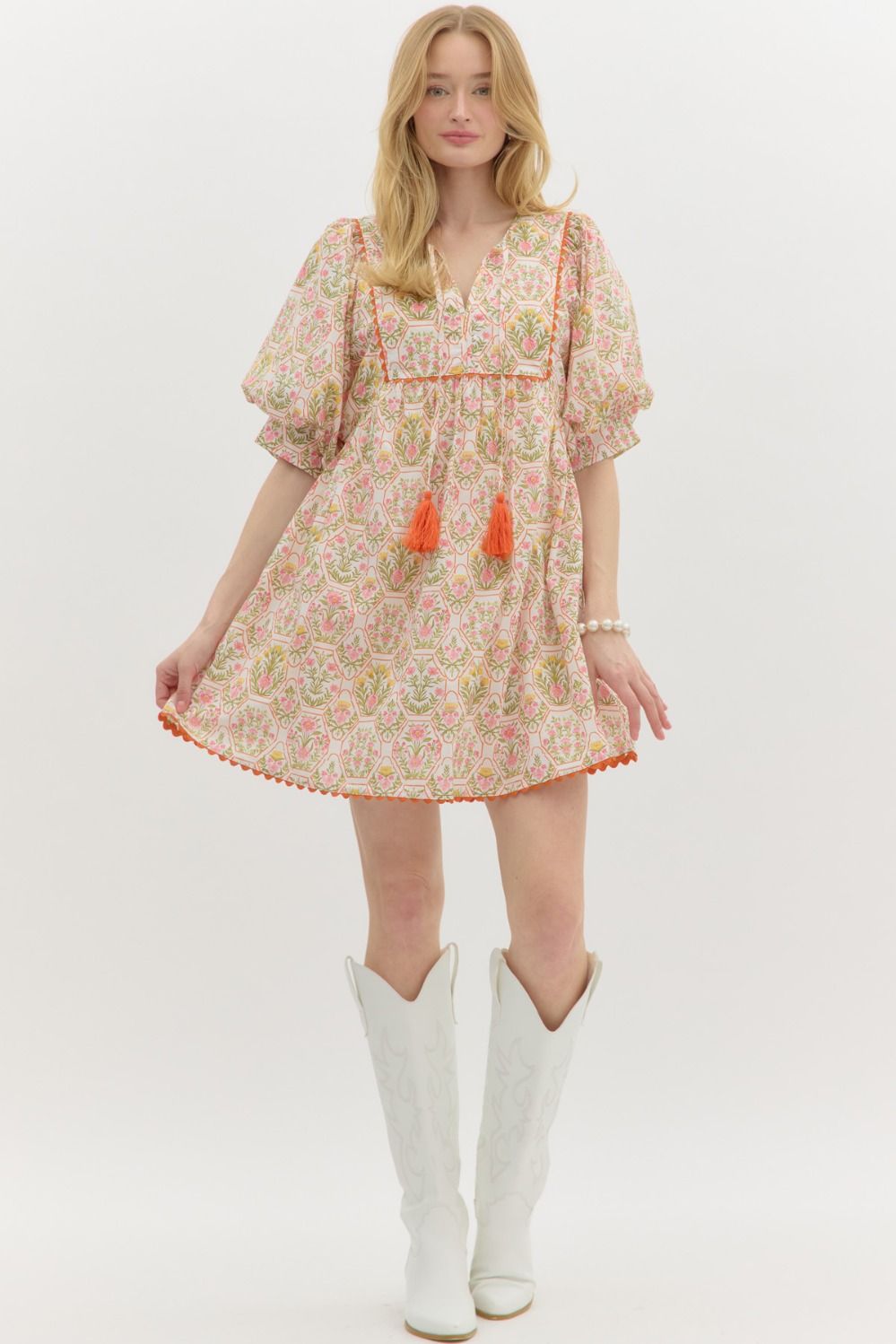 Ivory, Pink and Yellow Floral Dress with Orange Trim