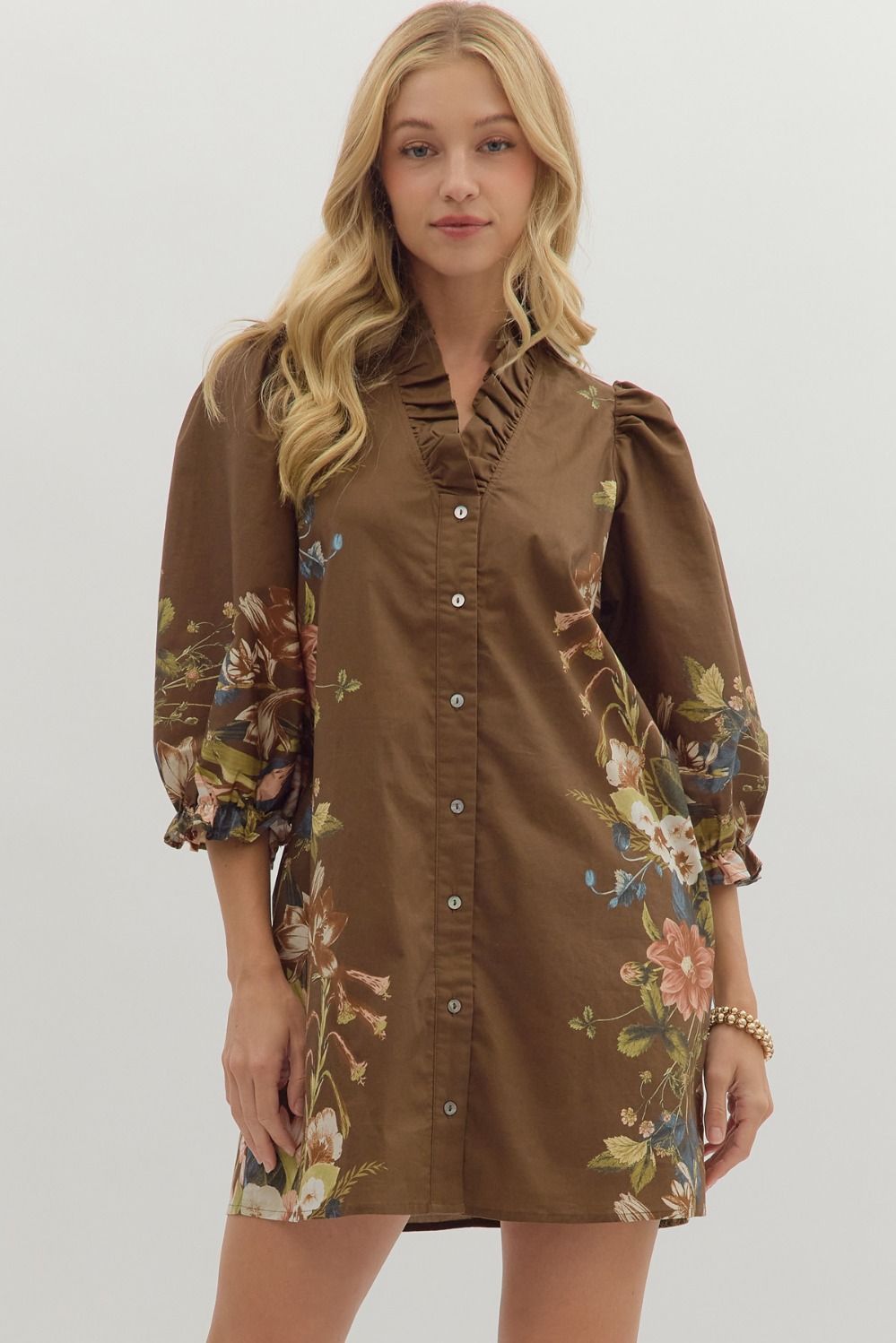Brown Button Down Long Sleeve Dress with Blush and Blue Florals