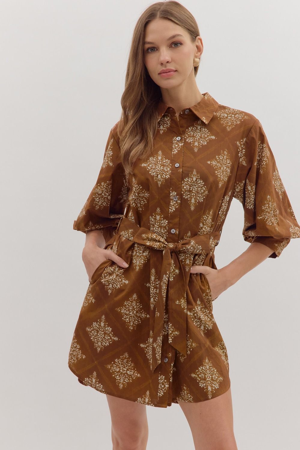 Brown Floral Medallion Short Sleeve Dress