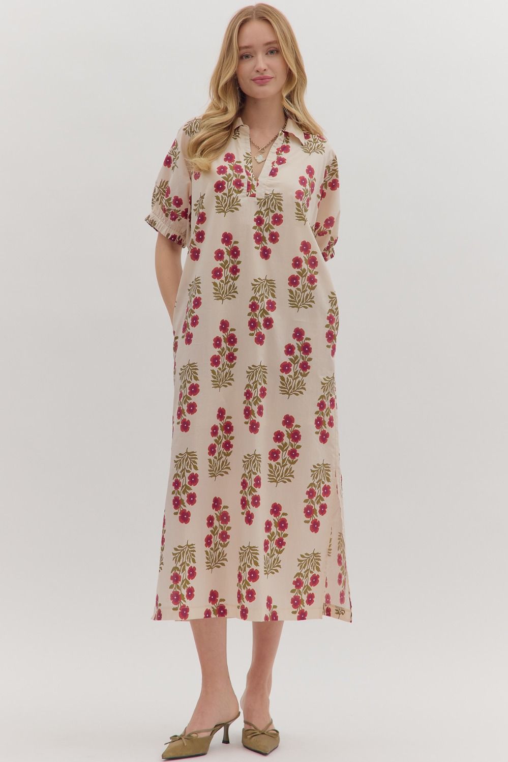 Cream, Olive and Burgundy Floral Midi Dress