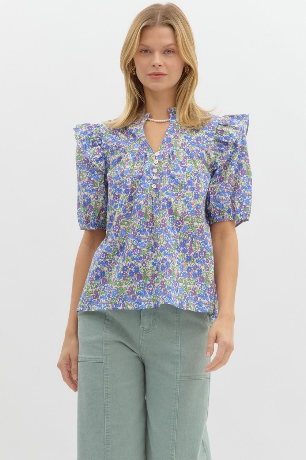 Blue and Purple Ditsy Floral Puff Sleeve Blouse