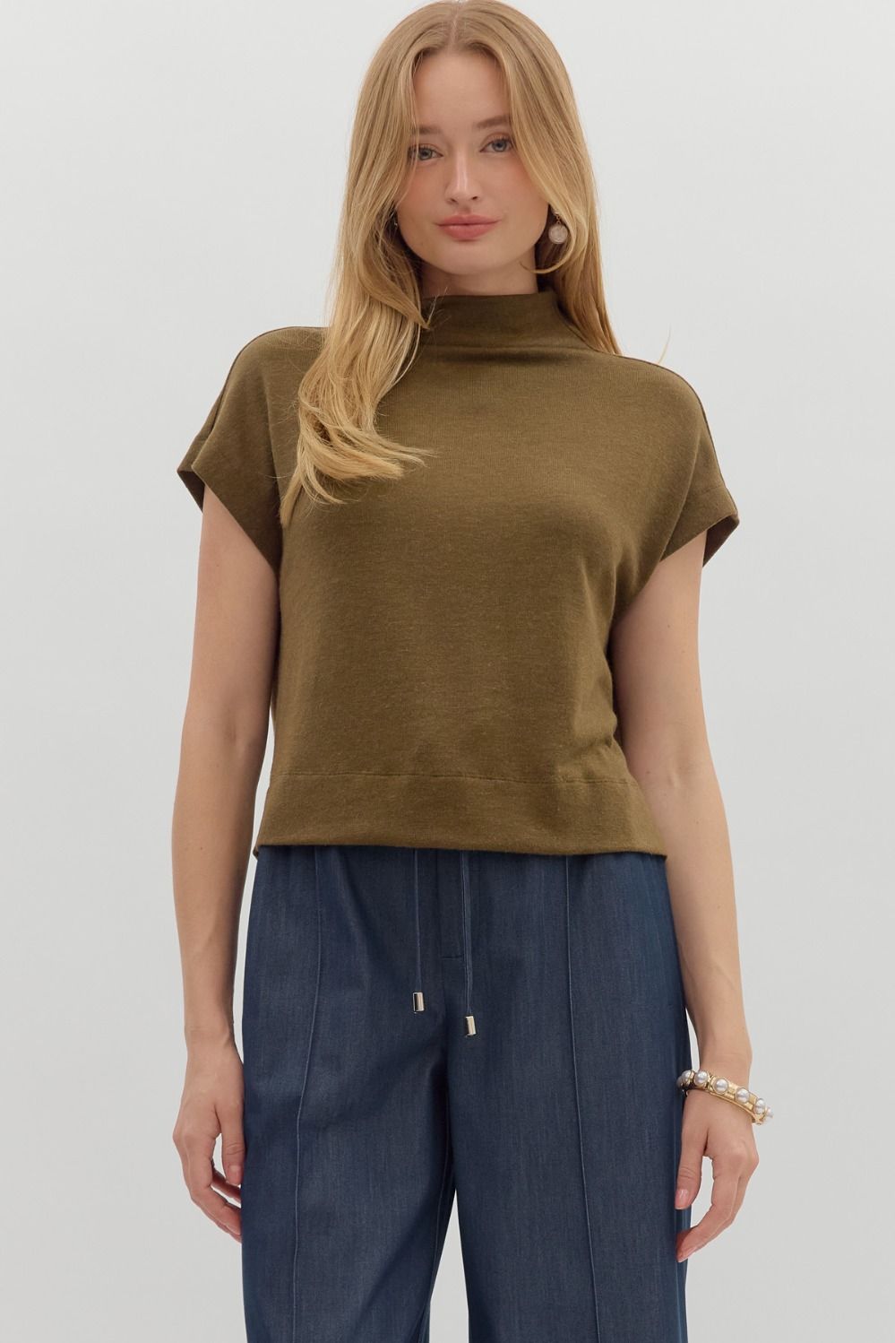 Olive Knit Short Sleeve Top