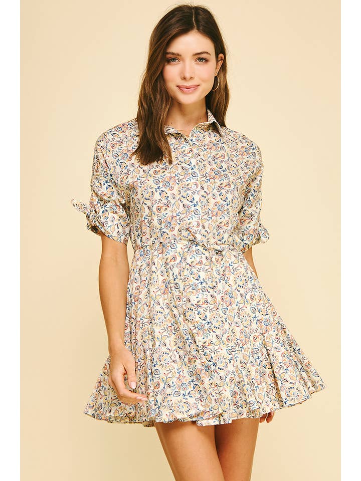Cream Multi Floral Button Down Mini Dress