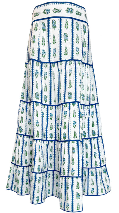 White with Green & Blue Floral Tiered Skirt