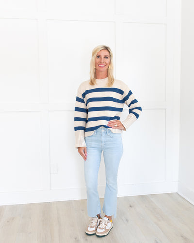 Natural and Blue Cotton Striped Crewneck Sweater