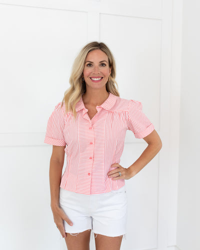 Coral Striped Fitted Button-Up Shirt