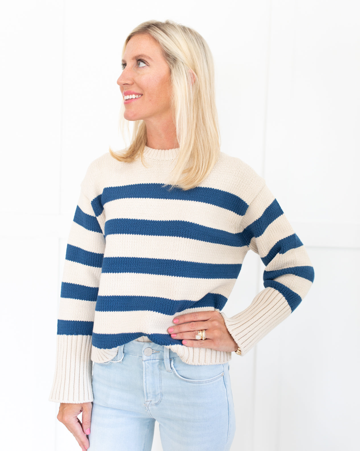 Natural and Blue Cotton Striped Crewneck Sweater