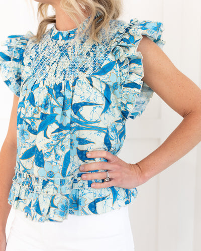 Priya Blue Print Top with Smocking