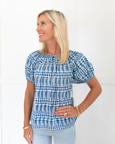 Royal and White Plaid Top with Elastic Neckline