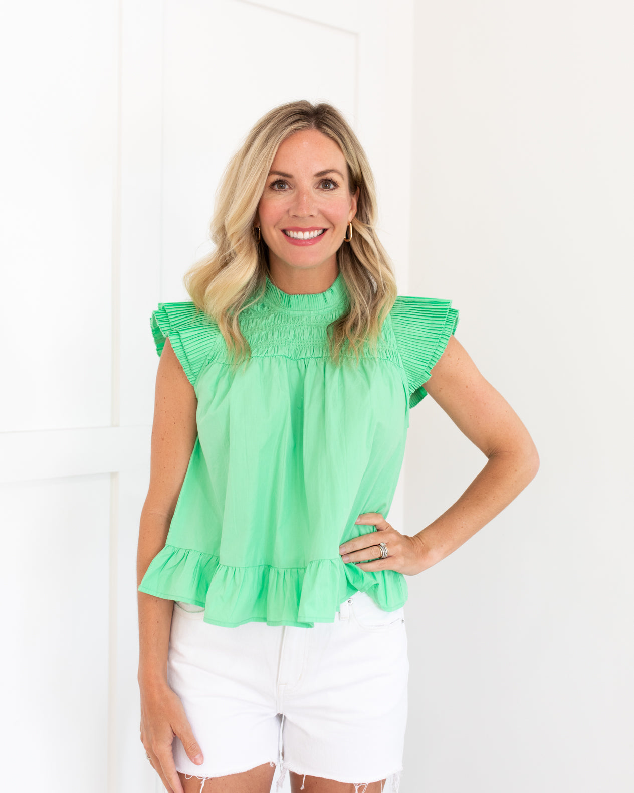 Poplin Top with Ruffle Neck and Double Flutter Sleeve in Kiwi
