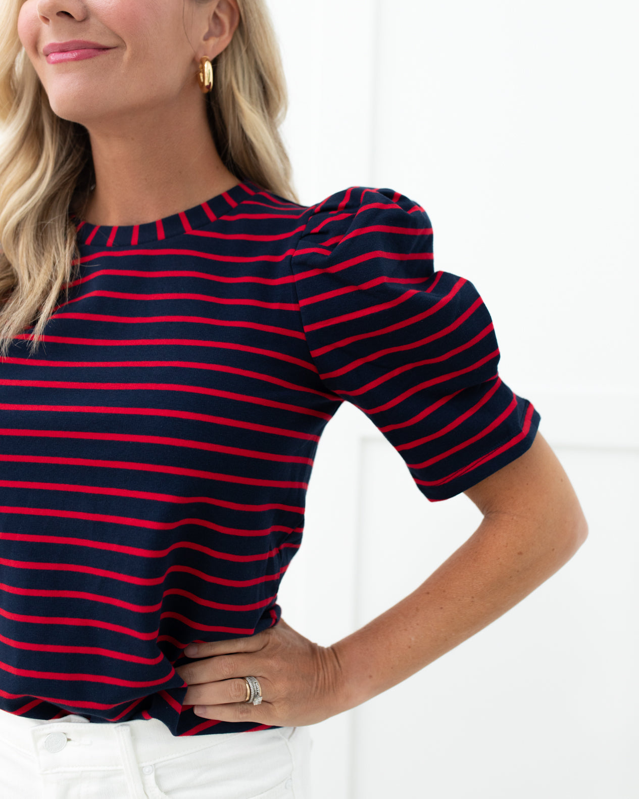 Red and Navy Stripe Woven Knit Shirt