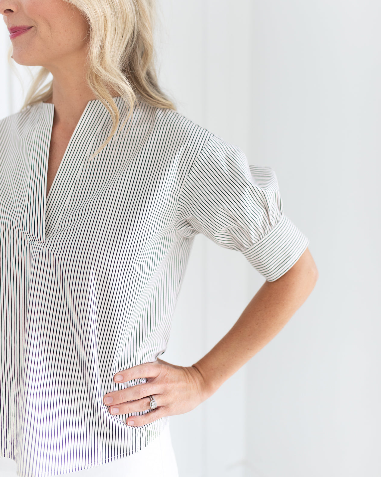 V-Neck Popover Top in Bone Stripe by Frame