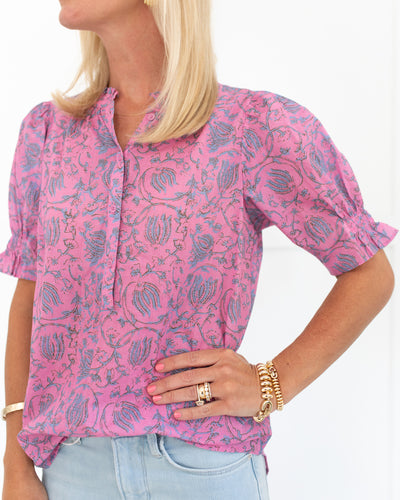 Pink with Blue Floral Short Sleeve Top