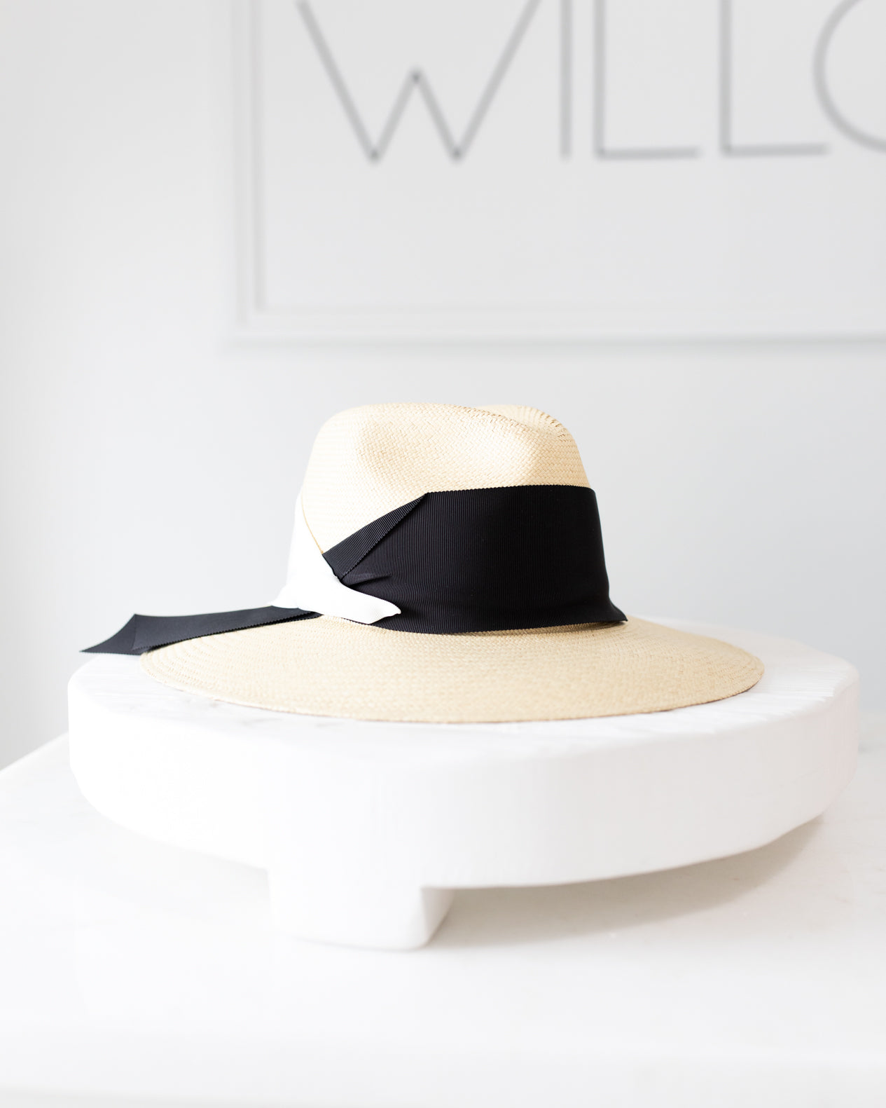 Freya Gardenia Hat in White With Both Black and White Ribbon