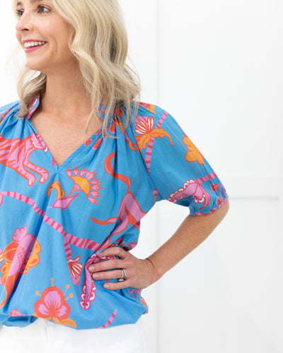 Dana Blouse in Bright Blue Jungle by Sheridan French