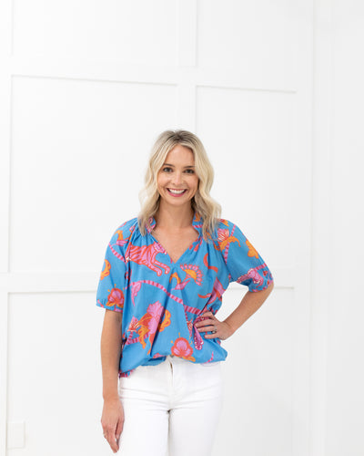 Dana Blouse in Bright Blue Jungle by Sheridan French