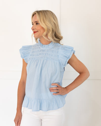 Poplin Top with Ruffle Neck and Double Flutter Sleeve in Blue & White Stripe