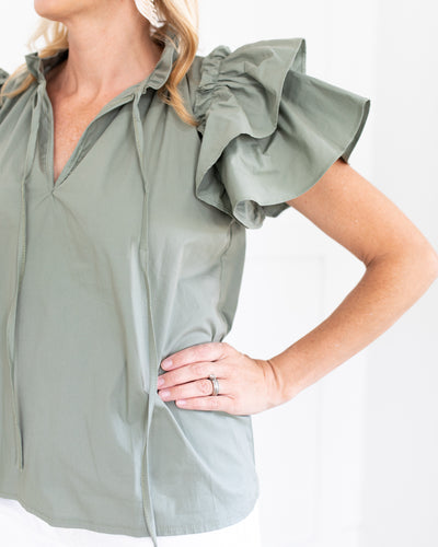 Olive Green Double Ruffle Sleeve Top - One Size