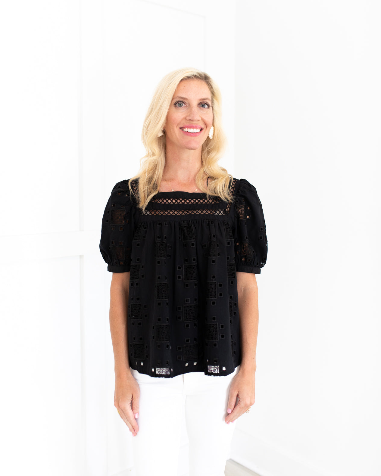 Black Square Neck Embroidered Top