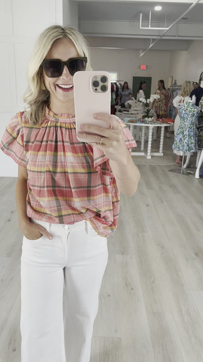 Marmalade Plaid High Neck Ruffled Collar and Wide Ruffle Sleeves Top