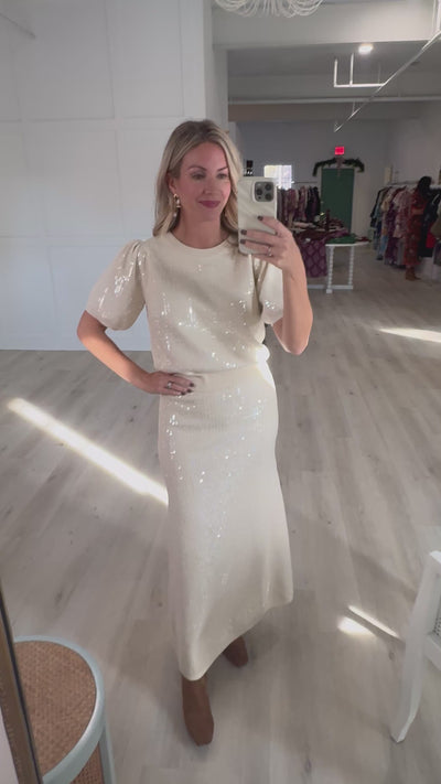 Cream Sequin Knit Puff Sleeve Top