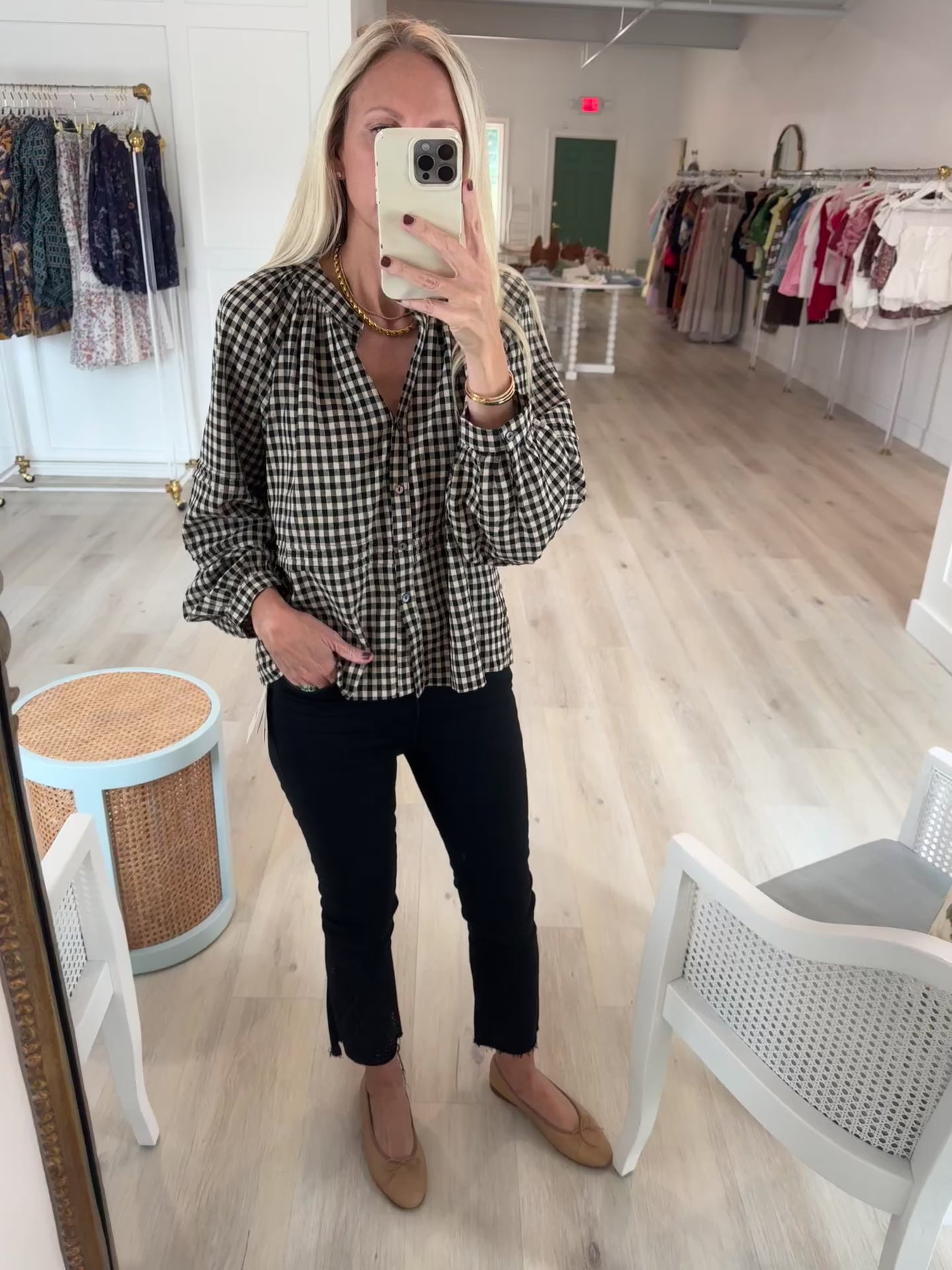 Black Gingham Button Top
