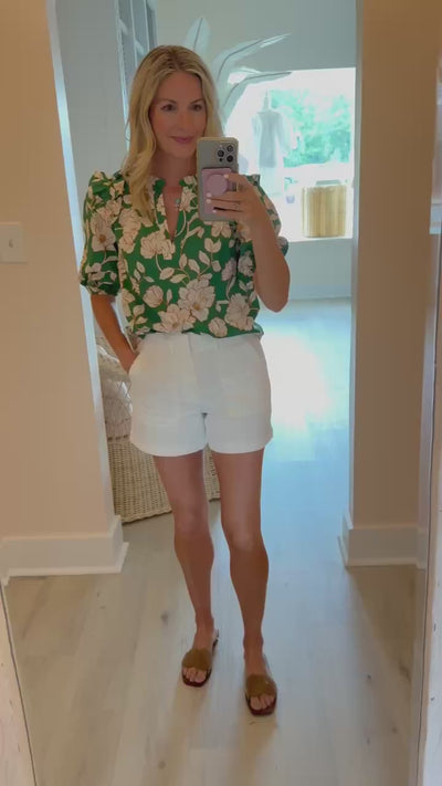 Green, Ivory and Brown Floral Ruffle Vneck Blouse