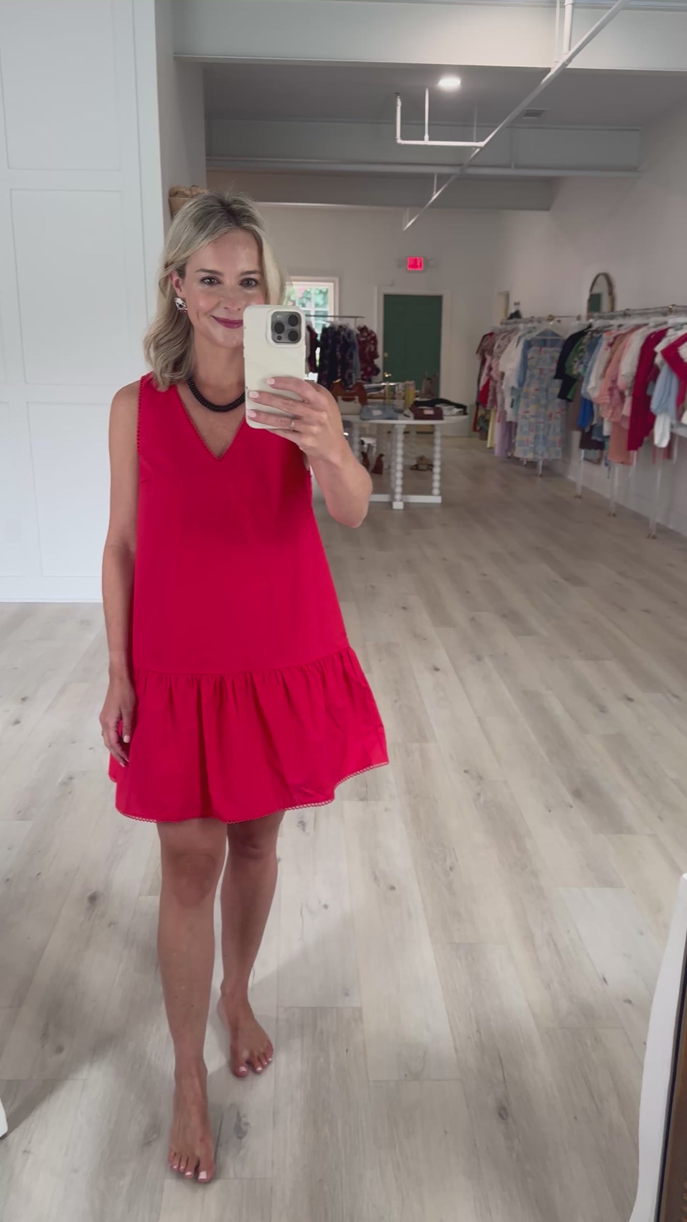 Red V Neck Drop Waist Poplin Dress