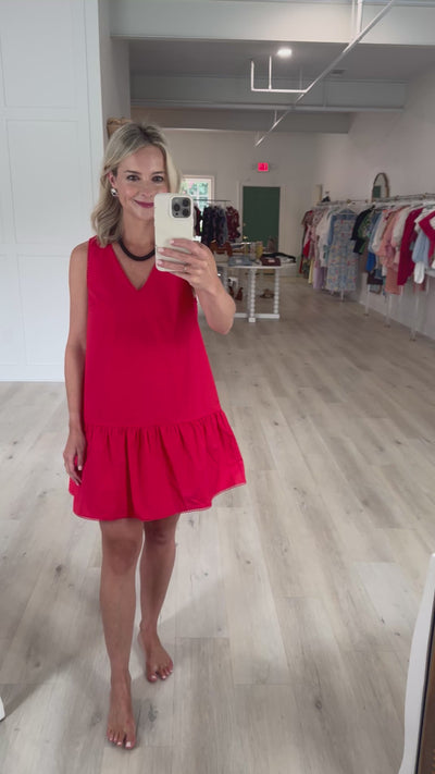 Red V Neck Drop Waist Poplin Dress