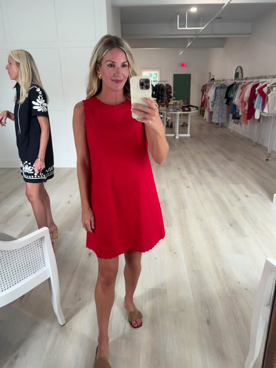 Red Scalloped Detail Shift Dress