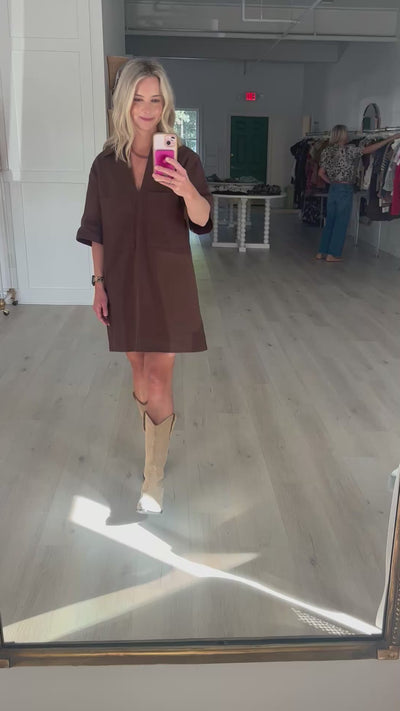 Brown V Neck Dress with Collar